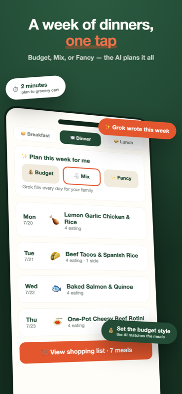 AiMeal: a week of meals in one tap, planned by AI