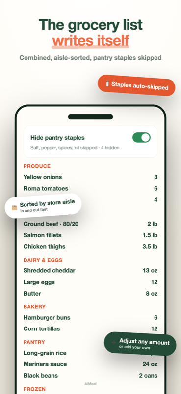 AiMeal: the grocery list writes itself, sorted by aisle