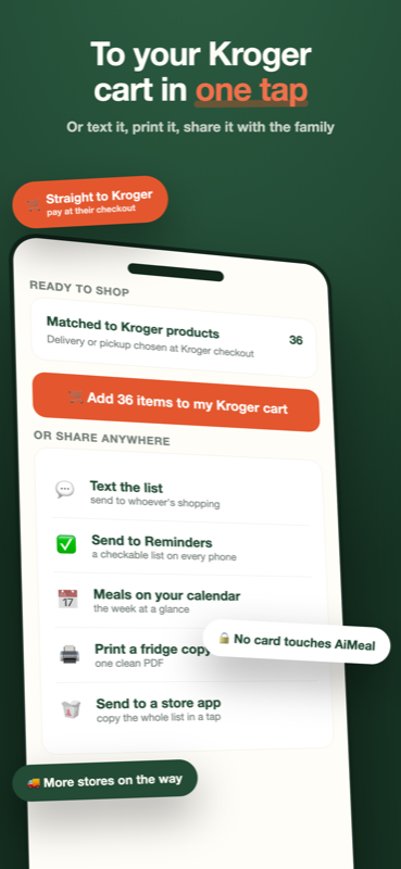 AiMeal: to your Kroger cart in one tap, or share it anywhere