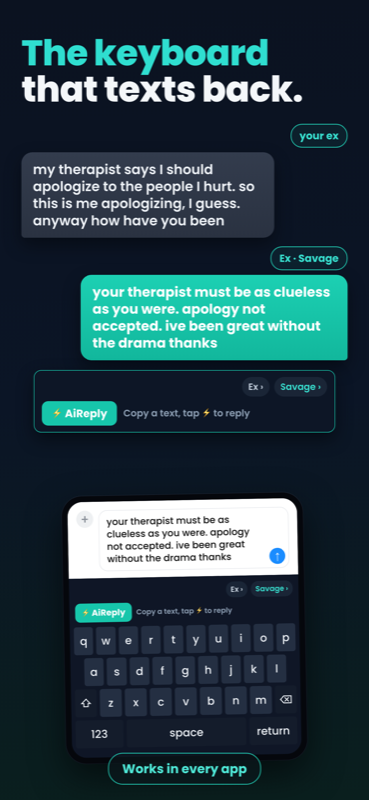 AiReply screenshot: the keyboard that texts back, works in every app