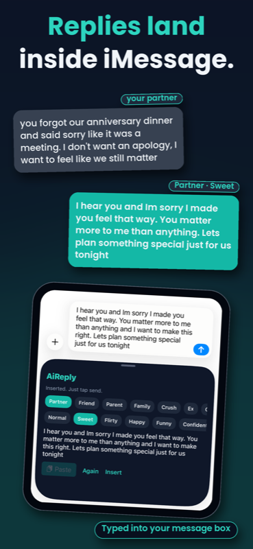 AiReply screenshot: replies land inside iMessage