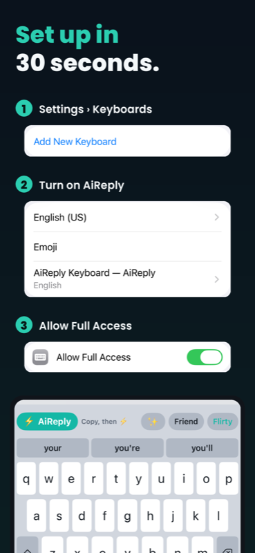 AiReply screenshot: set up the keyboard in 30 seconds