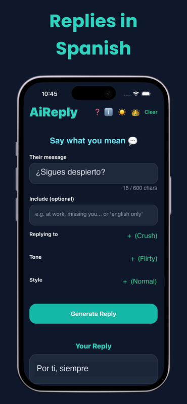 AiReply screenshot: replies in Spanish