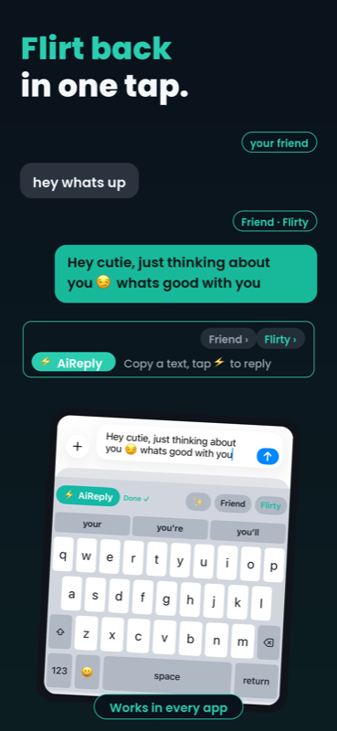 AiReply screenshot: flirt back in one tap