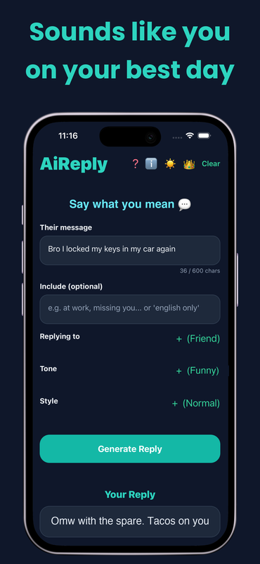 AiReply screenshot: sounds like you on your best day