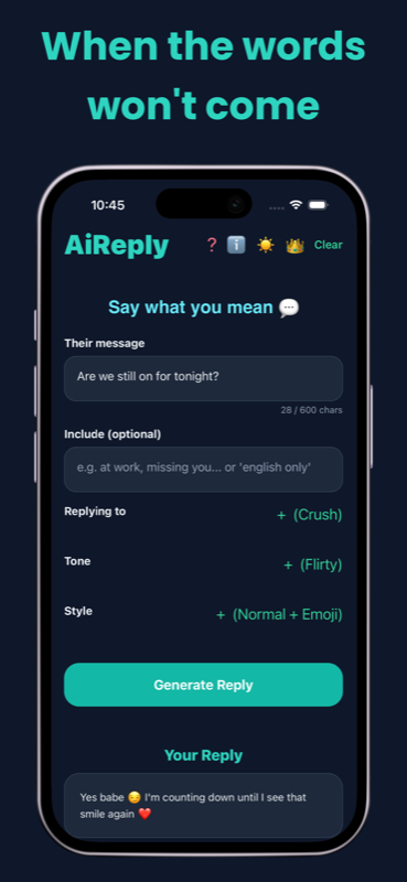 AiReply screenshot: when the words won't come