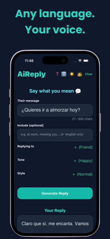 AiReply screenshot: any language, your voice