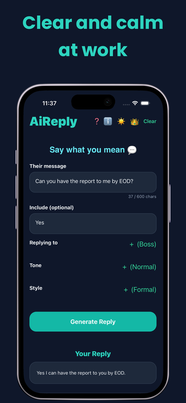 AiReply screenshot: clear and calm at work