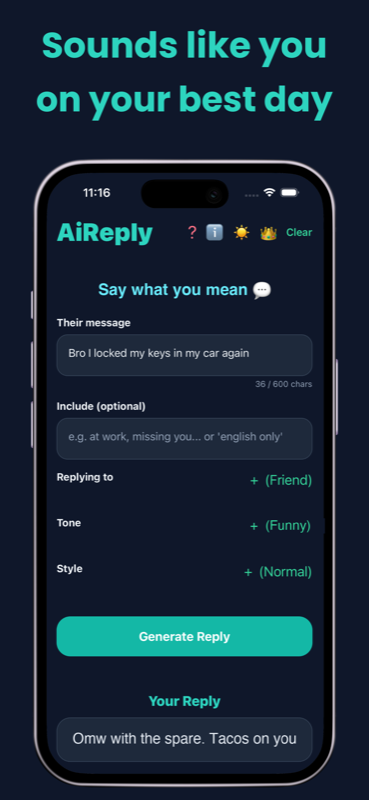 AiReply screenshot: sounds like you on your best day