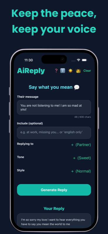 AiReply screenshot: keep the peace