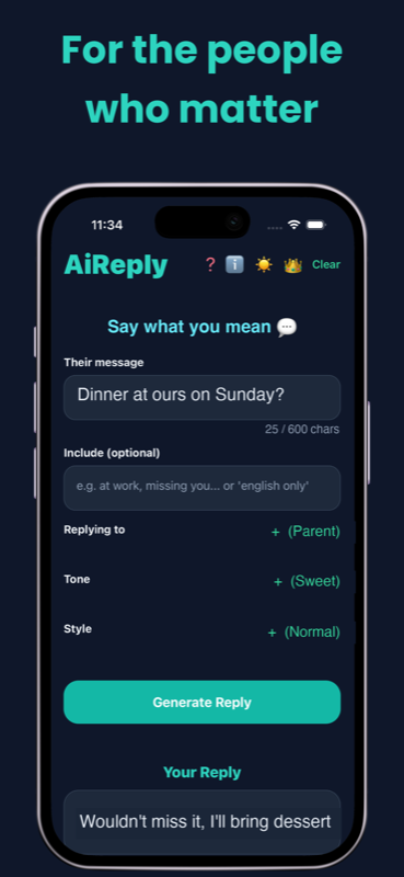 AiReply screenshot: for the people who matter