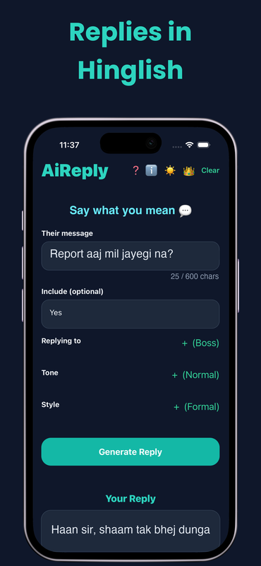 AiReply screenshot: replies in Hinglish