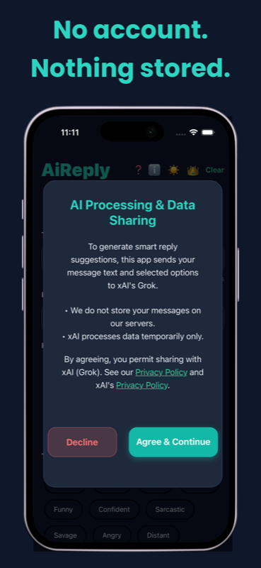 AiReply screenshot: no account, nothing stored