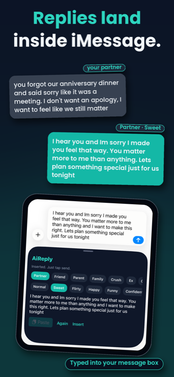 AiReply: replies land inside iMessage, typed into your message box